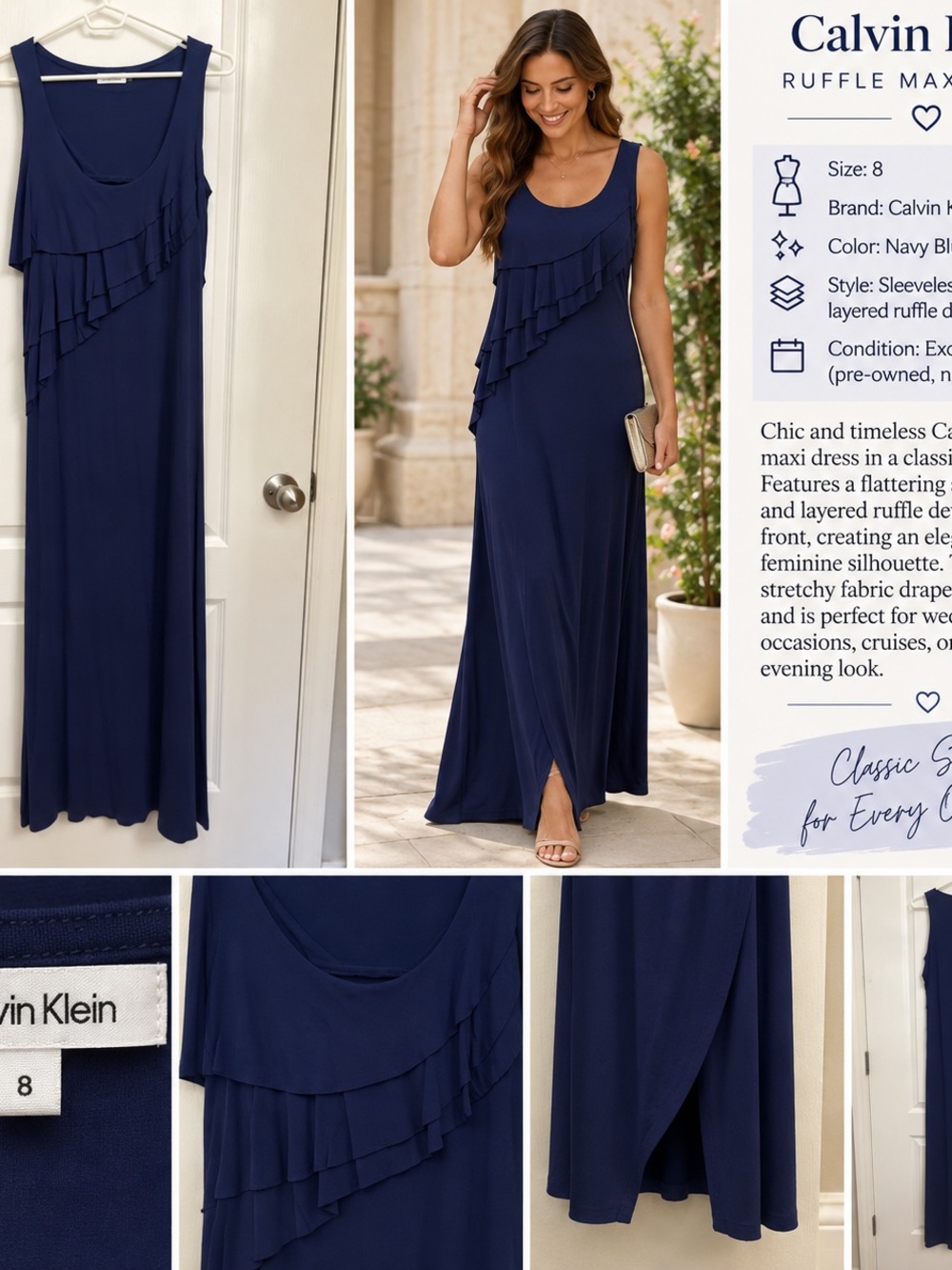 Calvin Klein Navy Layered Ruffle Maxi Dress